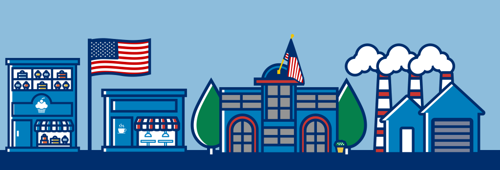 Illustration of a small town scene featuring a bakery, a restaurant, an American flag on a government building, trees, and a factory with smoking chimneys.