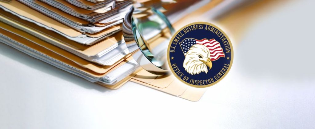 Illustration featuring the logo for SBA's Office of Inspector, files and a magnifying glass.